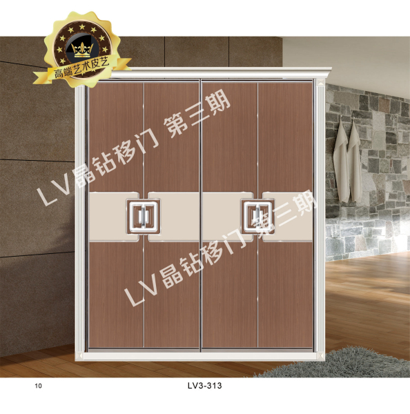 新中式移门 UV打印 木纹底纹 正方形 拉手 腰线 现代 简单 移门滑动门 LV3-313