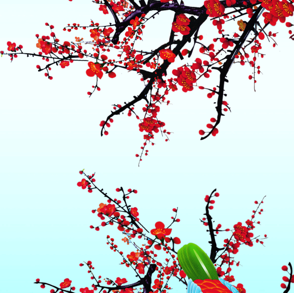 背景墙-中式风 三联画,无框画,装饰画,背景墙画,相框画,JM-6963A,梅花
