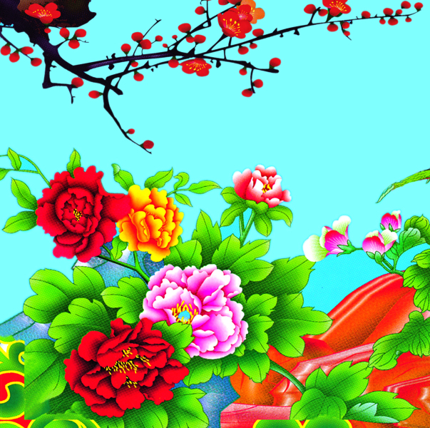 背景墙-中式风 三联画,无框画,装饰画,背景墙画,相框画,JM-6963C,梅花,牡丹,花朵