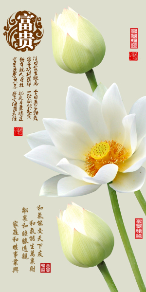 背景墙-中式风 玄关，隔断，移门，电视背景墙，高清图，高清平开门，LYF-369，荷花，花苞，花蕊，3D立体图，富贵花开，富贵
