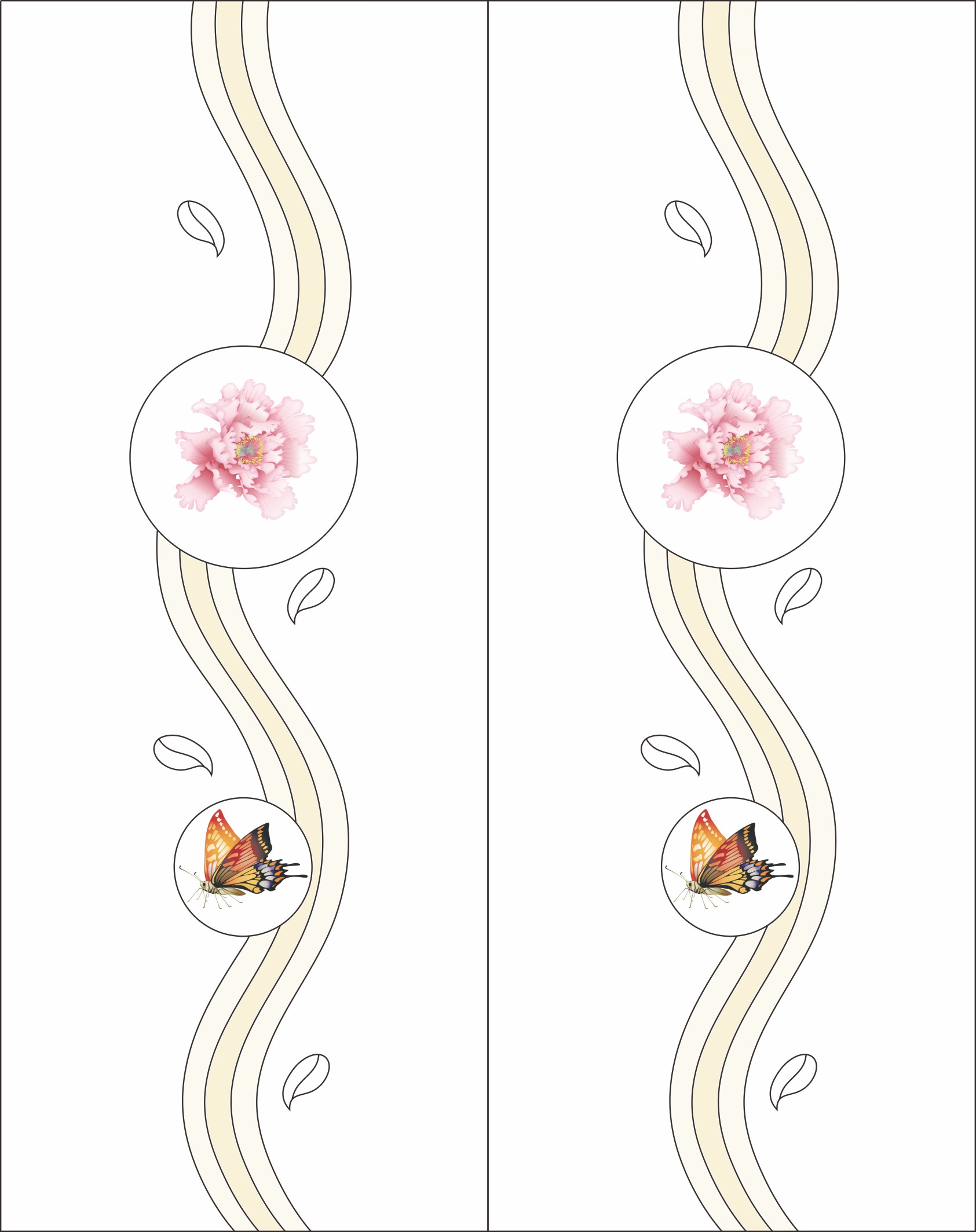  移门图 雕刻路径 橱柜门板  5D26049 UV打印,精雕UV打印 UV打印 牡丹花 蝴蝶 叶子 树叶 曲线 彩绘