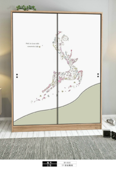 儿童房衣柜移门12期 曲线 拼色 拼接 鹿 梅花鹿 水彩画 奔跑 花藤 英文 字母 移门 雕刻彩绘 彩雕板 